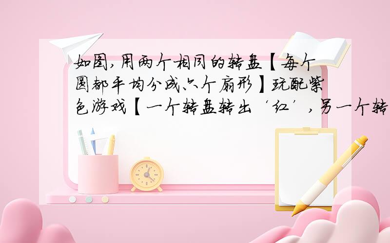 如图,用两个相同的转盘【每个圆都平均分成六个扇形】玩配紫色游戏【一个转盘转出‘红’,另一个转盘转出‘蓝’,则为配成紫色】,在所给转盘中的扇形里面,分别天上‘红’‘蓝’,使得到