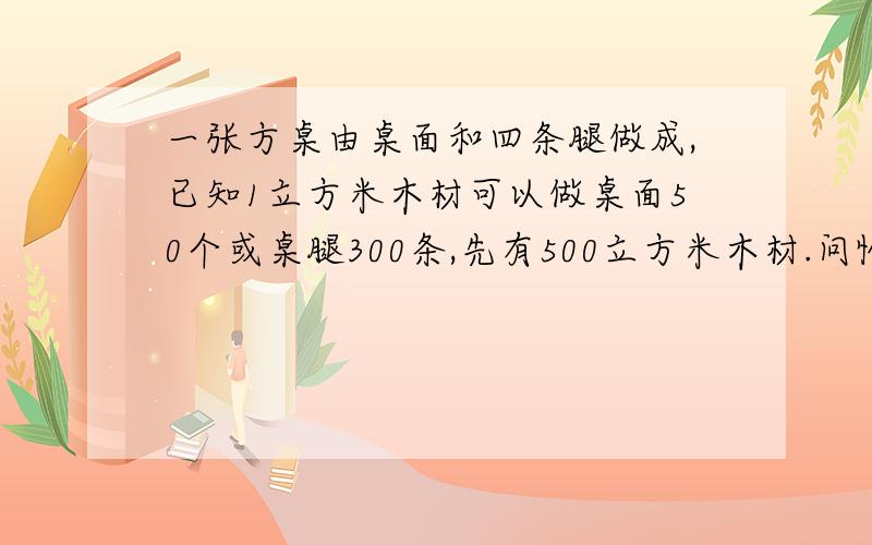 一张方桌由桌面和四条腿做成,已知1立方米木材可以做桌面50个或桌腿300条,先有500立方米木材.问恰能做成几张方桌.关于X,Y的2元1次方程组3X-Y=2K-1 和4X+2Y=K.的解X,Y都是正数,求K的取值范围.