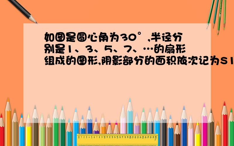 如图是圆心角为30°,半径分别是1、3、5、7、…的扇形组成的图形,阴影部分的面积依次记为S1、S2、S3、…