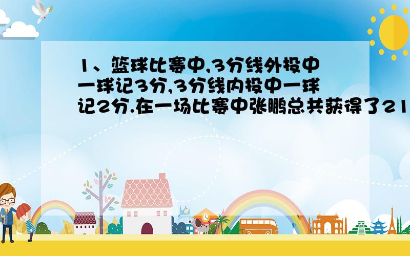 1、篮球比赛中,3分线外投中一球记3分,3分线内投中一球记2分.在一场比赛中张鹏总共获得了21分.张鹏在这场比赛中投进几个3分球?2、在应用题测试中,答对一题加10分,答错一题扣6分.有一位选