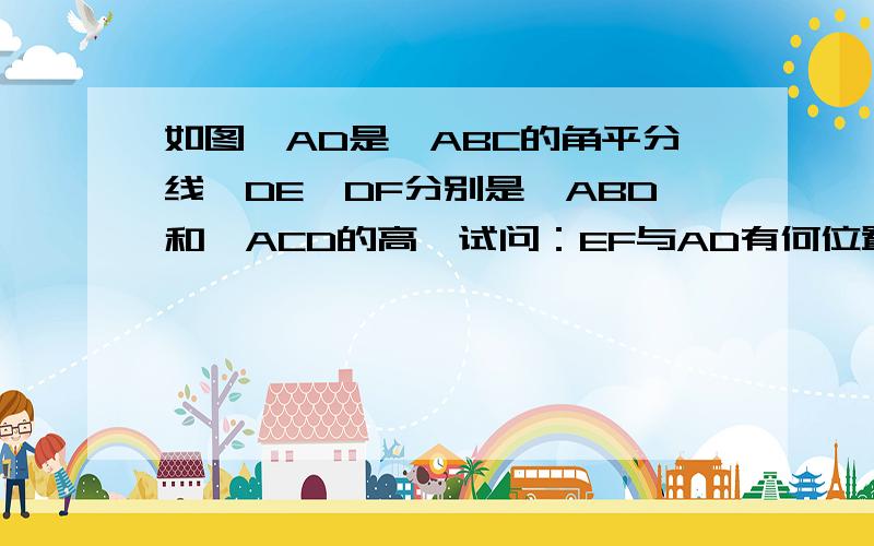 如图,AD是△ABC的角平分线,DE,DF分别是△ABD和△ACD的高,试问：EF与AD有何位置关系?试证明.快