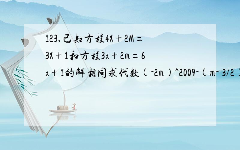 123,已知方程4X+2M=3X+1和方程3x+2m=6x+1的解相同求代数(-2m)^2009-(m- 3/2)^2008的值