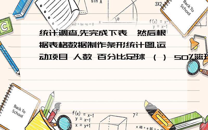 统计调查.先完成下表,然后根据表格数据制作条形统计图.运动项目 人数 百分比足球 （） 50%篮球 12人 （）跳绳 9人 15%其他 9人 （）