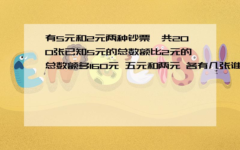 有5元和2元两种钞票一共200张已知5元的总数额比2元的总数额多160元 五元和两元 各有几张谁给我讲解一下怎么算啊