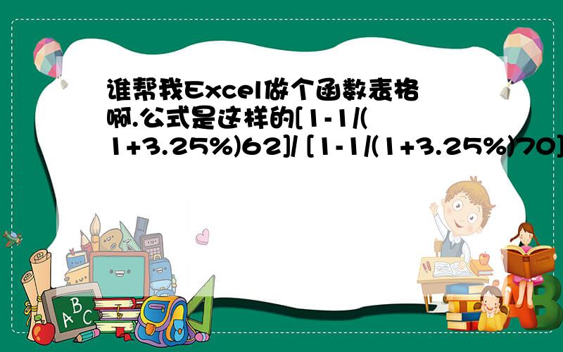 谁帮我Excel做个函数表格啊.公式是这样的[1-1/(1+3.25%)62]/ [1-1/(1+3.25%)70]我发现我财富值为零,不能给你们什么悬赏了..不好意思啊,希望大家帮帮我,很急呀.唉,对不起,对不起.没说明白,就是算这个