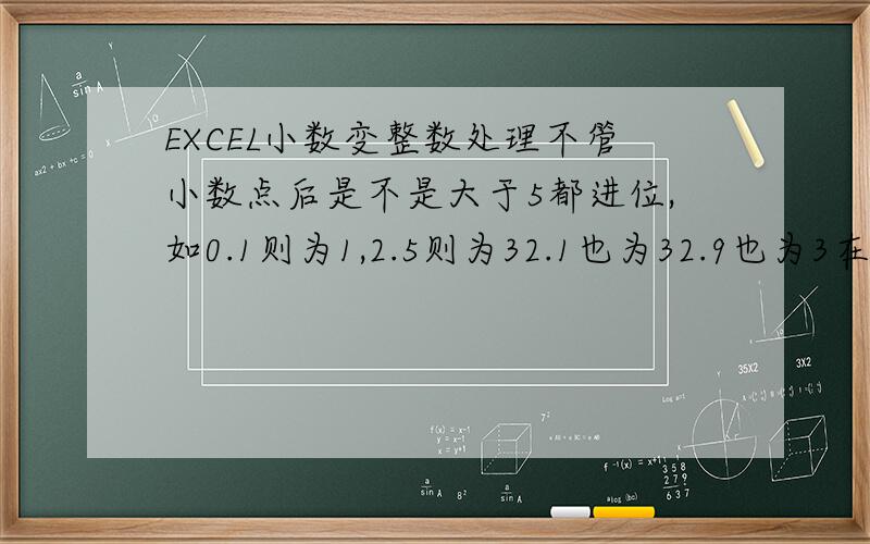 EXCEL小数变整数处理不管小数点后是不是大于5都进位,如0.1则为1,2.5则为32.1也为32.9也为3在那里设置