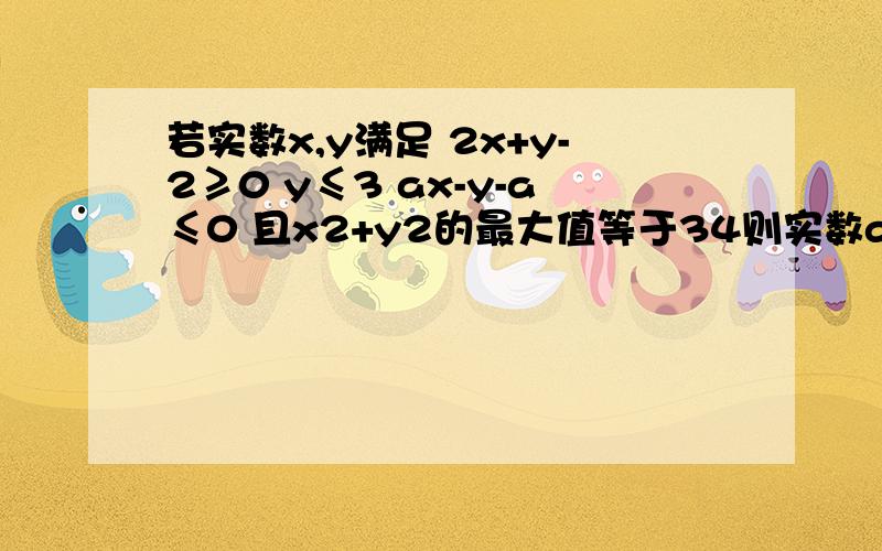 若实数x,y满足 2x+y-2≥0 y≤3 ax-y-a≤0 且x2+y2的最大值等于34则实数a等于多少