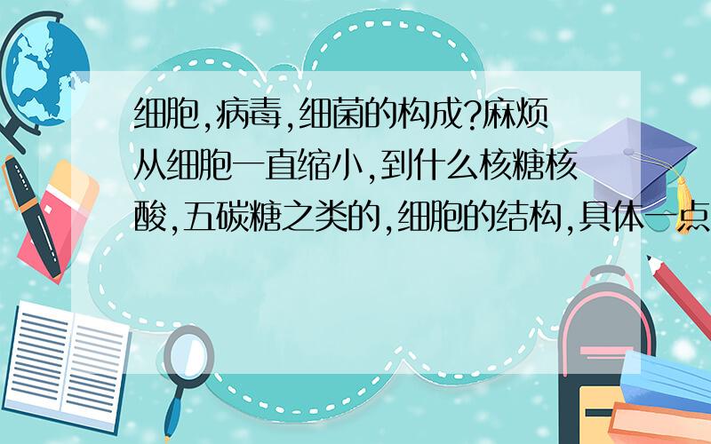 细胞,病毒,细菌的构成?麻烦从细胞一直缩小,到什么核糖核酸,五碳糖之类的,细胞的结构,具体一点,现在我很晕阿!细胞里面分蛋白质和核酸是吗?蛋白质又是由什么氨基酸组成的是吗?核酸又分DN