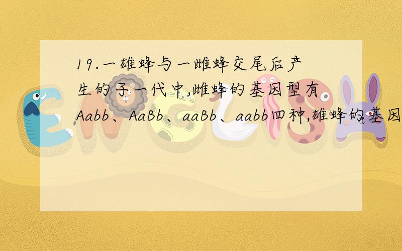19.一雄蜂与一雌蜂交尾后产生的子一代中,雌蜂的基因型有Aabb、AaBb、aaBb、aabb四种,雄蜂的基因型有AB、Ab、aB、ab四种,则亲本的基因型（）A.aaBb与AbB.AaBb 与abC.Aabb 与aBD.AaBb 与Ab