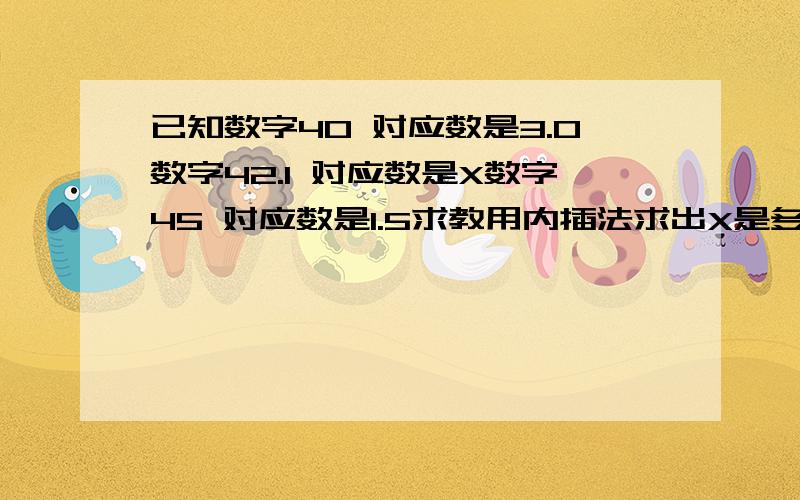 已知数字40 对应数是3.0数字42.1 对应数是X数字45 对应数是1.5求教用内插法求出X是多少,一楼的朋友，你给的公式算的得数不对啊，2.25-（42.5-42.1）×5=2.05 这得数不对啊。