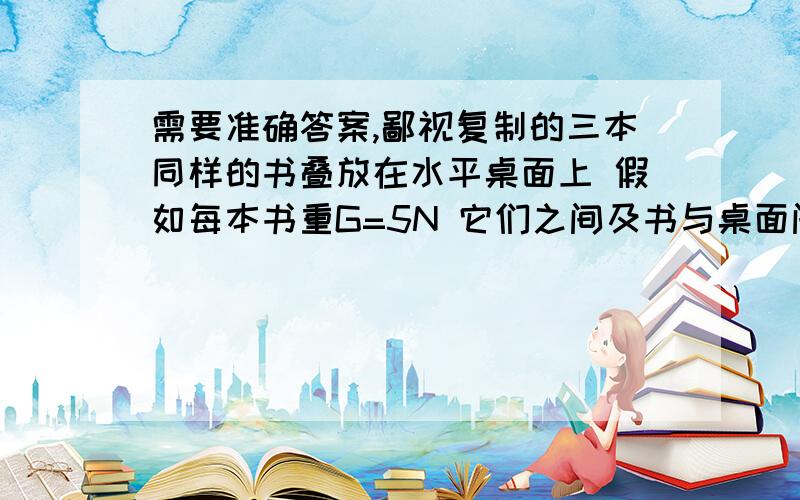 需要准确答案,鄙视复制的三本同样的书叠放在水平桌面上 假如每本书重G=5N 它们之间及书与桌面间的摩擦因数均为u=0.4 如果水平抽出第一本或第二本或第三本 至少要用多大拉力 请你通过计