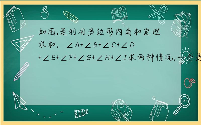 如图,是利用多边形内角和定理求和：∠A+∠B+∠C+∠D+∠E+∠F+∠G+∠H+∠I求两种情况,一个是点A,点D,点G共线.另一个点A,点D,点G是不共线