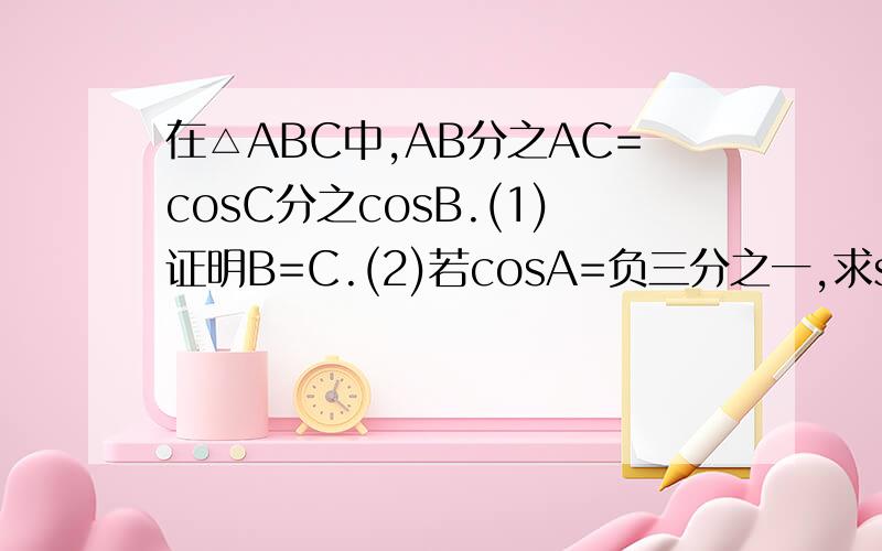 在△ABC中,AB分之AC=cosC分之cosB.(1)证明B=C.(2)若cosA=负三分之一,求sin(4B+3分之派)的值.