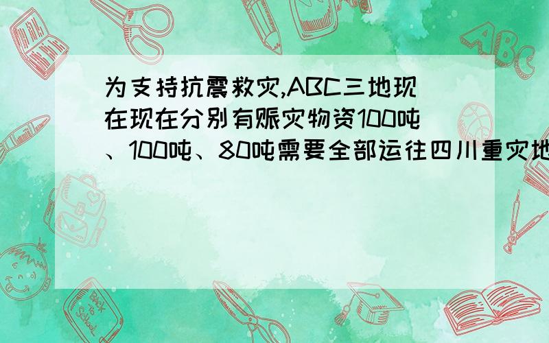 为支持抗震救灾,ABC三地现在现在分别有赈灾物资100吨、100吨、80吨需要全部运往四川重灾地区的D、E两县.根据灾区的情况,这批赈灾物资运往D县的数量比运往E县的数量的2倍少20吨.（1）求这