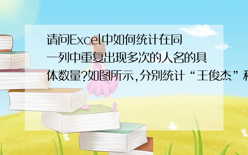 请问Excel中如何统计在同一列中重复出现多次的人名的具体数量?如图所示,分别统计“王俊杰”和“周国和”出现的次数.