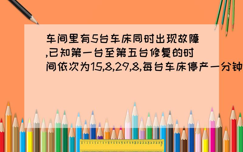 车间里有5台车床同时出现故障,已知第一台至第五台修复的时间依次为15,8,29,8,每台车床停产一分钟造成经济损失5000元.（1）如果只有一名修理工,那么怎样安排修理顺序才能使经济损失最少?