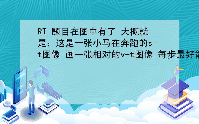 RT 题目在图中有了 大概就是：这是一张小马在奔跑的s-t图像 画一张相对的v-t图像.每步最好能给我个理由 我有点迟钝