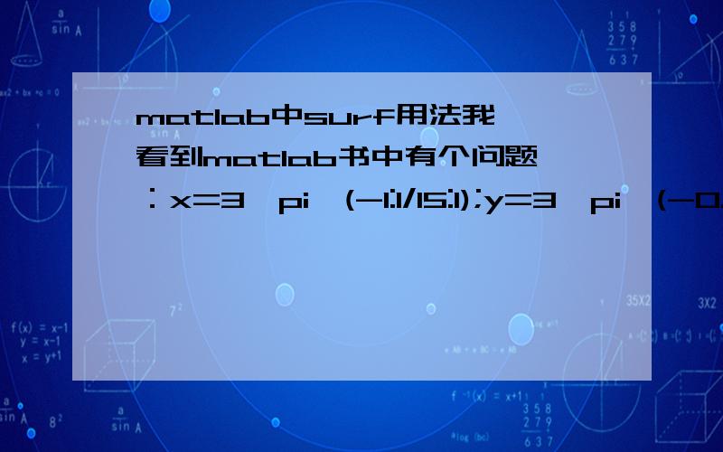 matlab中surf用法我看到matlab书中有个问题：x=3*pi*(-1:1/15:1);y=3*pi*(-0.8:1/15:1.2);[X,Y]=meshgrid(x,y);R=sqrt(X.^2+Y.^2)+eps;Z=sin(R)./R;surf(X,Y,Z,R),title('No.2 surf(X,Y,Z,R)')shading faceted;colorbar('horiz')请问X,Y是一个一个