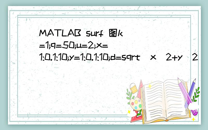 MATLAB surf 图k=1;q=50;u=2;x=1:0.1:10;y=1:0.1:10;d=sqrt(x^2+y^2);z=q/(4*pi*k*d)*(1/d)*exp(-u/(2*k)*(d-x)); 请问怎样做一个surf（x,y,z）图啊.