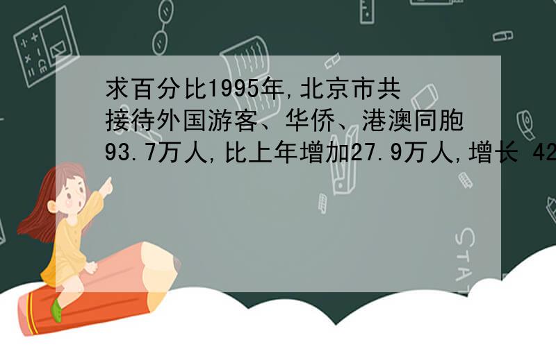 求百分比1995年,北京市共接待外国游客、华侨、港澳同胞93.7万人,比上年增加27.9万人,增长 42.5%,并高于全国38%的增长速度.在来京游客中,来自世界158个国家和地区的外国游客达74万人,占全部游