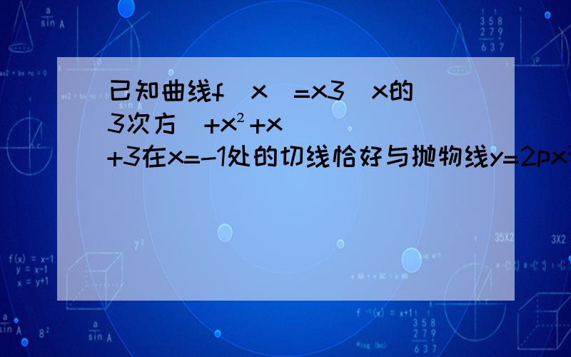 已知曲线f(x)=x3(x的3次方)+x²+x+3在x=-1处的切线恰好与抛物线y=2px²(p>0)相切,则过该抛物线的焦点且垂直于对称轴的直线与抛物线相交所得的线段长为( )A.4 B.1/4 C.8 D.1/8