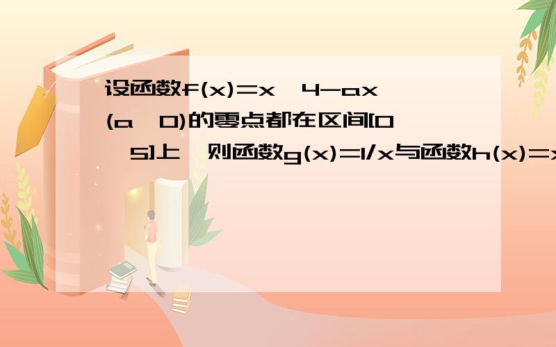 设函数f(x)=x^4-ax(a>0)的零点都在区间[0,5]上,则函数g(x)=1/x与函数h(x)=x^3-a的图像的交点的横坐标为正整数时实数a的取值个数为（）A.3 B.4 C.5 D.无穷个