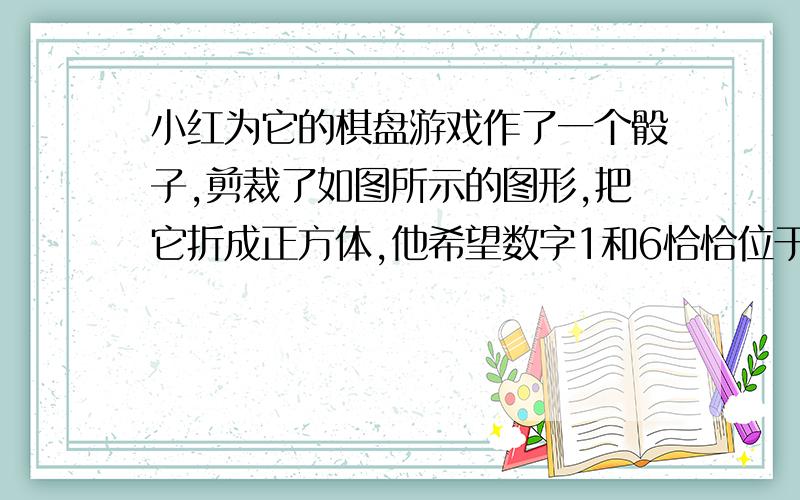 小红为它的棋盘游戏作了一个骰子,剪裁了如图所示的图形,把它折成正方体,他希望数字1和6恰恰位于正方体相对.1、请确定1和6应放在哪个正方形的小格上?2、你发现了怎样的放置规律