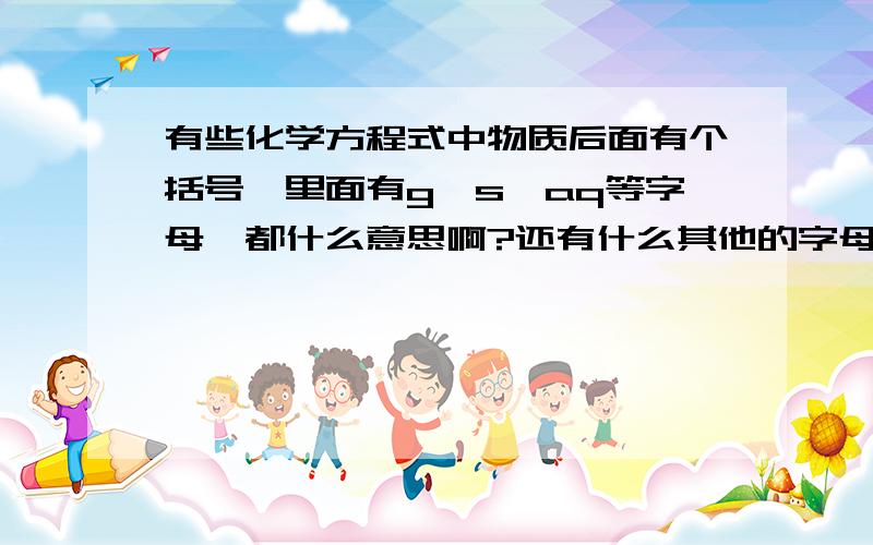 有些化学方程式中物质后面有个括号,里面有g、s、aq等字母,都什么意思啊?还有什么其他的字母,请全面地说一下.谢了.全面，请全面地说一下，谁说的又多又对，选谁。谢了^_^！