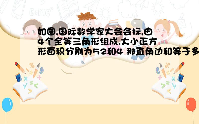 如图,国际数学家大会会标,由4个全等三角形组成,大小正方形面积分别为52和4 那直角边和等于多少?