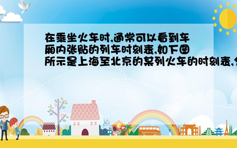 在乘坐火车时,通常可以看到车厢内张贴的列车时刻表,如下图所示是上海至北京的某列火车的时刻表,分析表中的内容,求(1)列车从蚌埠到济南共运行的路程；（2）列车从上海到北京的平均速