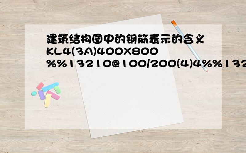 建筑结构图中的钢筋表示的含义KL4(3A)400X800%%13210@100/200(4)4%%13228；10%%13225 5/5G4%%13214%%132 是钢筋