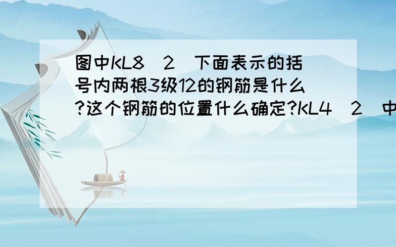 图中KL8（2）下面表示的括号内两根3级12的钢筋是什么?这个钢筋的位置什么确定?KL4(2)中括号内的钢筋是不是指架立筋?不是说2肢箍不会出现架立筋么?