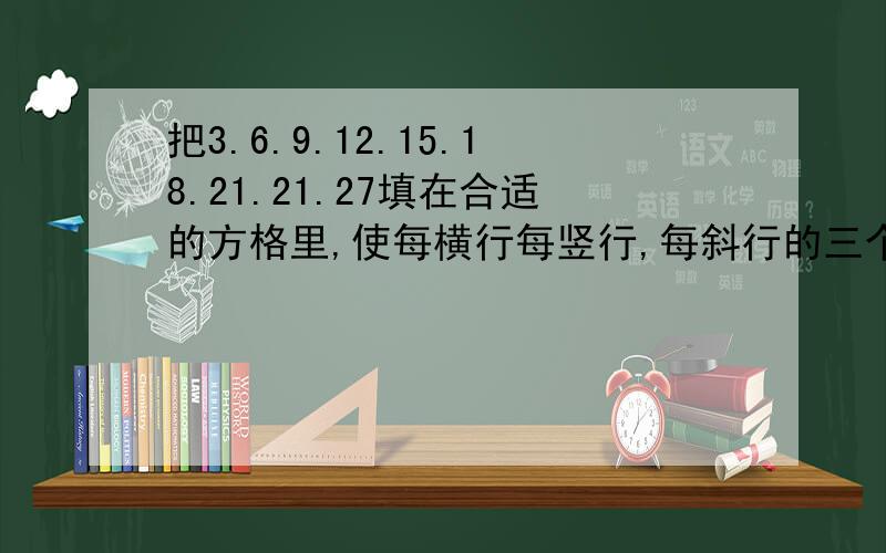 把3.6.9.12.15.18.21.21.27填在合适的方格里,使每横行每竖行,每斜行的三个数相加都等45