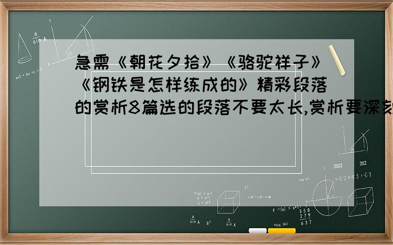 急需《朝花夕拾》《骆驼祥子》《钢铁是怎样练成的》精彩段落的赏析8篇选的段落不要太长,赏析要深刻200字左右吧