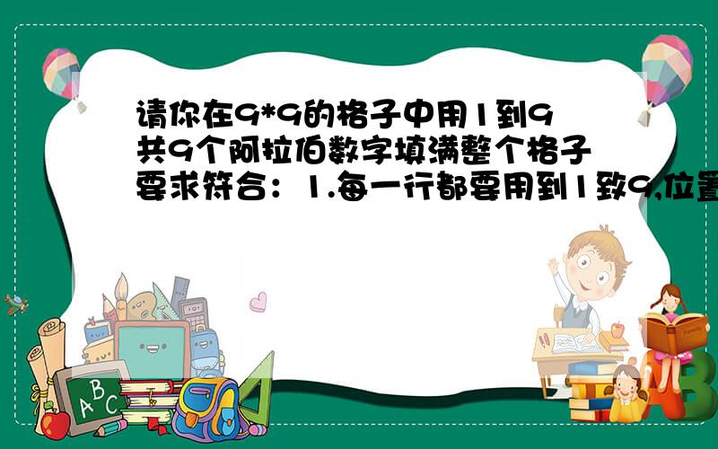 请你在9*9的格子中用1到9共9个阿拉伯数字填满整个格子要求符合：1.每一行都要用到1致9,位置不限2.每一列都要用到1致9,位置不限3.在9*9的格子分成的9个3*3的格子中都用1致9,位置不限