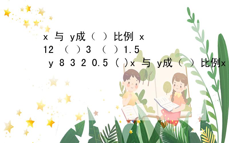 x 与 y成（ ）比例 x 12 （ ）3 （ ）1.5 y 8 3 2 0.5 ( )x 与 y成（ ）比例x 12 ( ） 3 （ ）1.5y 8 3 2 0.5 （ ）