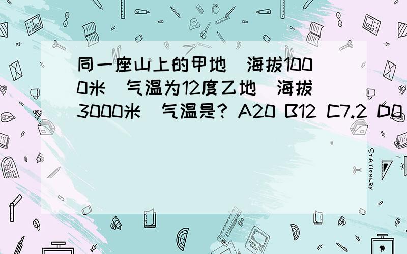 同一座山上的甲地（海拔1000米）气温为12度乙地（海拔3000米）气温是? A20 B12 C7.2 D0 单位是度同一座山上的甲地（海拔1000米）气温为12度乙地（海拔3000米）气温是?A20   B12        C7.2     D0    单