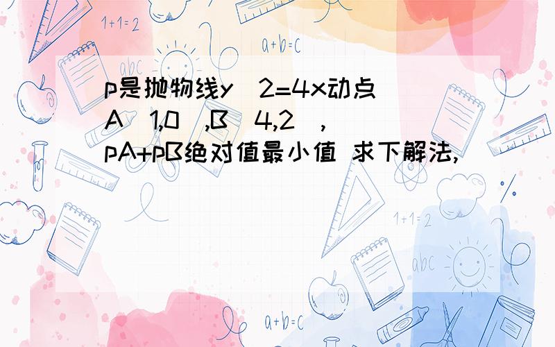 p是抛物线y^2=4x动点 A(1,0),B(4,2),pA+pB绝对值最小值 求下解法,