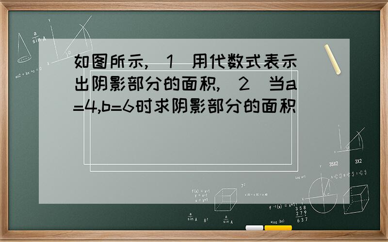 如图所示,（1）用代数式表示出阴影部分的面积,（2）当a=4,b=6时求阴影部分的面积