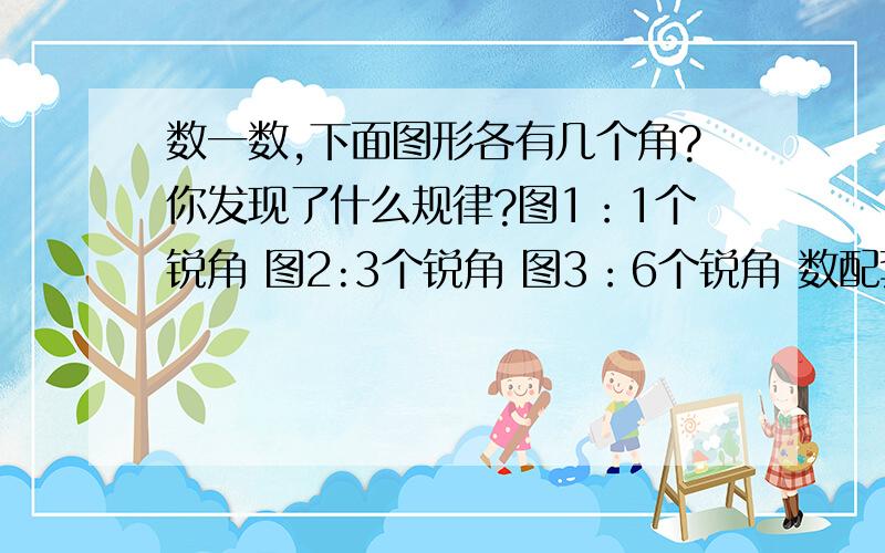 数一数,下面图形各有几个角?你发现了什么规律?图1：1个锐角 图2:3个锐角 图3：6个锐角 数配套别弄方程什么的（规律啊亲们）