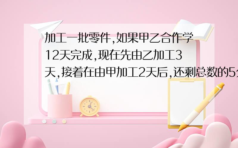 加工一批零件,如果甲乙合作学12天完成,现在先由乙加工3天,接着在由甲加工2天后,还剩总数的5分之4还没有成.已知已比甲每天少加工4个零件,这批零件有多少个急