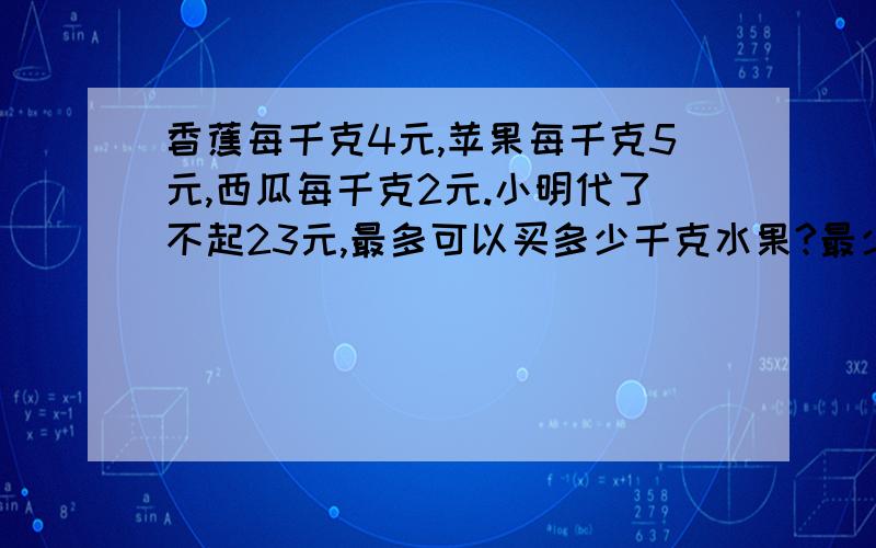 香蕉每千克4元,苹果每千克5元,西瓜每千克2元.小明代了不起23元,最多可以买多少千克水果?最少呢?