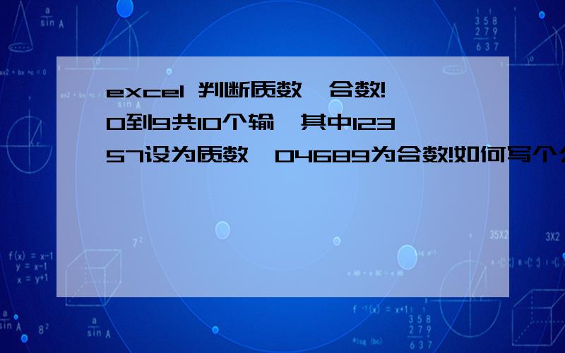 excel 判断质数,合数!0到9共10个输,其中12357设为质数,04689为合数!如何写个公式!在A1里的数字,如是1,在B1中显示是质数,以此类推!求教!