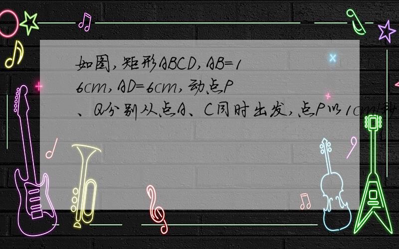 如图,矩形ABCD,AB=16cm,AD=6cm,动点P、Q分别从点A、C同时出发,点P以1cm/秒速度向点B移动,一直到达B为止，点Q以2cm/秒的速度沿C→D→A→B移动(1)从出发开始到几秒后，四边形PBCQ是一个矩形(2)从出发