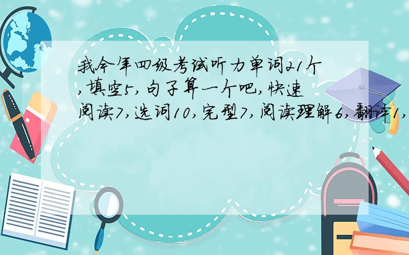 我今年四级考试听力单词21个,填空5,句子算一个吧,快速阅读7,选词10,完型7,阅读理解6,翻译1,可以过