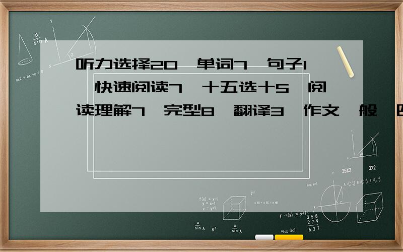 听力选择20,单词7,句子1,快速阅读7,十五选十5,阅读理解7,完型8,翻译3,作文一般,四级能过吗?