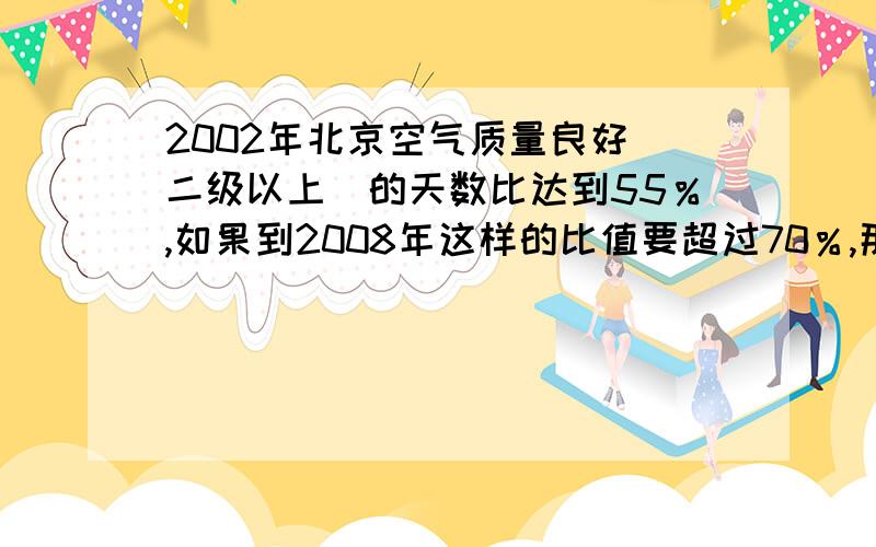 2002年北京空气质量良好（二级以上）的天数比达到55％,如果到2008年这样的比值要超过70％,那么2008年空气质量良好的天数要比2002年至少增加多少?