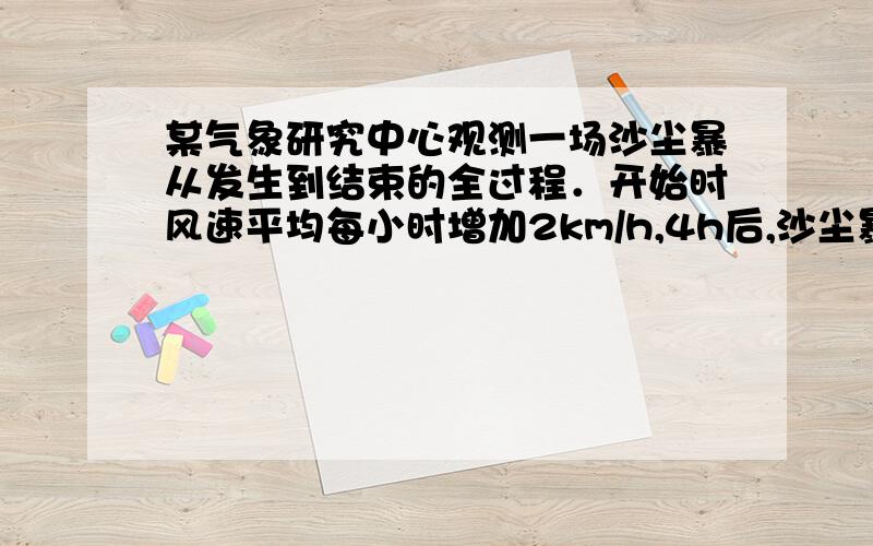 某气象研究中心观测一场沙尘暴从发生到结束的全过程．开始时风速平均每小时增加2km/h,4h后,沙尘暴经过开阔荒漠地,风速变为平均增加4km/h．一段时间,风速保持不变．当沙尘暴遇到绿色植被