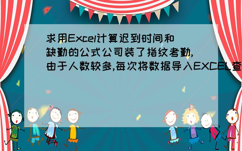 求用Excel计算迟到时间和缺勤的公式公司装了指纹考勤,由于人数较多,每次将数据导入EXCEL查看考勤异常情况时都很花时间,请问高手有什么方法可以用EXCEL函数自动算出员工是否迟到,并计数迟