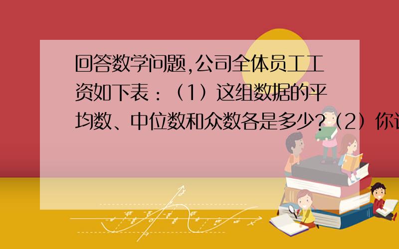 回答数学问题,公司全体员工工资如下表：（1）这组数据的平均数、中位数和众数各是多少?（2）你认为哪个数据代表这个公司员工工资的一般水平比较合适?